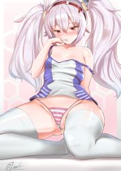 Rule 34 | 1girl, absurdres, animal ears, azur lane, blush, breasts, collarbone, fake animal ears, finger to mouth, hair between eyes, hairband, half-closed eyes, highres, laffey (azur lane), long hair, looking at viewer, nose blush, off shoulder, padoruu, panties, partially visible vulva, pink background, pink hair, pink panties, pussy juice, rabbit ears, signature, simple background, sitting, small breasts, solo, striped clothes, striped panties, thighhighs, thighs, twintails, underwear, white thighhighs