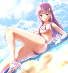 Rule 34 | 1girl, arm support, ass, bare arms, bare legs, bare shoulders, bikini, blue sky, blunt bangs, blush, breasts, commentary request, crescent, crescent hair ornament, day, feet out of frame, hair ornament, knee up, long hair, looking at viewer, medium breasts, no headwear, outdoors, patchouli knowledge, purple bikini, purple eyes, purple hair, ram hachimin, sandals, side-tie bikini bottom, sitting, sky, solo, striped bikini, striped clothes, swimsuit, thighs, touhou, vertical-striped bikini, vertical-striped clothes, water