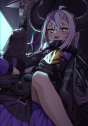 Rule 34 | 1girl, absurdres, ahoge, ascot, braid, card, dress, french braid, highres, hololive, holox, horns, la+ darknesss, lobsteranian, long hair, multicolored hair, open mouth, oversized clothes, pointy ears, purple hair, silver hair, sitting, sleeves past wrists, smile, solo, striped horns, two-tone hair, very long hair, virtual youtuber, yellow eyes