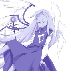 Rule 34 | 1girl, blue dress, blue hair, blue skin, closed eyes, colored skin, dress, feathered wings, flat chest, light blue hair, long hair, long sleeves, multiple wings, nonamejd, official style, parted lips, sariel (touhou), seraph, simple background, smile, solo, staff, touhou, white background, white wings, wings, zun (style)