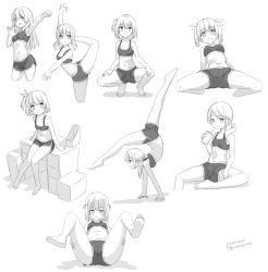 Rule 34 | 6+girls, :d, arm up, bare arms, bare shoulders, barefoot, blush, breasts, chinese commentary, cleavage, closed mouth, collarbone, commentary request, cup, desk, disposable cup, drinking straw, greyscale, hair over shoulder, hair ribbon, hands on own thighs, handstand, hatsunatsu, highres, holding, holding cup, leg up, long hair, monochrome, multiple girls, navel, one side up, open mouth, original, outstretched arm, parted lips, patreon username, profile, ribbon, shadow, short shorts, shorts, sitting, small breasts, smile, sports bra, spread legs, squatting, standing, standing on one leg, twintails, very long hair, white background