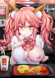 Rule 34 | 1girl, animal ear fluff, animal ears, blouse, blush, bow, bowtie, breasts, chrisandita, closed mouth, cloud, collared shirt, cup, disposable cup, exhibitionism, fate/extra, fate/grand order, fate (series), finger to mouth, flashing, food, fox ears, french fries, highres, index finger raised, indoors, large breasts, long hair, looking at viewer, mcdonald&#039;s, nipples, no bra, official alternate costume, one breast out, open clothes, open shirt, oppai challenge, public indecency, red bow, red neckwear, shirt, smile, solo focus, striped bow, striped bowtie, striped clothes, striped neckwear, table, tamamo (fate), tamamo no mae (fate/extra), tamamo no mae (jk) (fate), tray, twintails, twitter username, upper body, yellow eyes