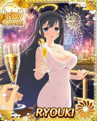 Rule 34 | 10s, 1girl, alcohol, black hair, blue eyes, breasts, card (medium), champagne, champagne flute, character name, city, city lights, cleavage, covered navel, cup, dress, drink, drinking glass, drinking straw, fireworks, halo, holding, holding cup, jewelry, large breasts, long hair, looking at viewer, necklace, night, official art, open mouth, ryouki (senran kagura), senran kagura, senran kagura new wave, smile, solo focus, trading card, very long hair, yaegashi nan