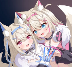 Rule 34 | 2girls, animal ear fluff, animal ears, azel (laevateinn495), belt collar, black collar, blue eyes, blue hair, blush, cleavage cutout, clothing cutout, collar, cropped jacket, cropped shirt, dog ears, dog girl, dog tail, dress, fake claws, fang, fur-trimmed jacket, fur trim, fuwawa abyssgard, fuwawa abyssgard (1st costume), hair ornament, hairpin, headphones, headphones around neck, heart, heart hands, heart hands duo, highres, hololive, hololive english, jacket, long hair, medium hair, mococo abyssgard, mococo abyssgard (1st costume), multicolored hair, multiple girls, navel, open mouth, pink eyes, pink hair, shirt, siblings, sidelocks, skin fang, smile, spiked collar, spikes, streaked hair, tail, twins, two side up, virtual youtuber, white dress, white shirt, x hair ornament