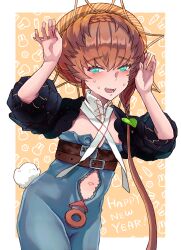 Rule 34 | 1girl, absurdres, animal print, belt, black sleeves, blue eyes, blue overalls, braid, breasts, brown hair, clothing cutout, crown braid, fake tail, fangs, fate/grand order, fate (series), hands up, happy new year, highres, looking at viewer, navel, navel cutout, new year, open mouth, orange headwear, overalls, puffy sleeves, rabbit pose, rabbit print, rabbit tail, shimogamo (shimomo 12), side braid, small breasts, solo, striped clothes, striped headwear, sweatdrop, tail, teeth, van gogh (fate), zipper pull tab