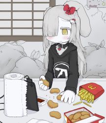 Rule 34 | animal ears, blush, chicken nuggets, choker, collar, grey background, grey hair, hello kitty, highres, paper towel, red ribbon, ribbon, sanrio, sweater, tablet, trash bag, vreparty