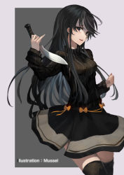 Rule 34 | 1girl, artist name, black hair, black shirt, black skirt, black thighhighs, bow, breasts, commentary request, grey background, hand up, head tilt, highres, holding, holding knife, knife, long hair, long sleeves, medium breasts, orange bow, original, parted lips, pleasure mussel, red eyes, shirt, skirt, solo, striped clothes, striped shirt, thighhighs, two-tone background, vertical-striped clothes, vertical-striped shirt, very long hair, yandere