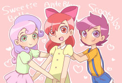 Rule 34 | 3girls, apple bloom, bad id, bad pixiv id, blouse, bow, dress, green eyes, hair bow, moyori, multiple girls, my little pony, my little pony: friendship is magic, personification, pink hair, purple eyes, purple hair, red eyes, red hair, scootaloo, shirt, short hair, skirt, smile, suspenders, sweetie belle, t-shirt