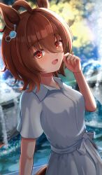 Rule 34 | 1girl, absurdres, agnes tachyon (umamusume), ahoge, animal ears, blurry, blurry background, blush, bow, breasts, brown hair, chemical structure, collared dress, commentary request, dress, earrings, hair ornament, highres, horse ears, horse girl, horse tail, jewelry, medium breasts, open mouth, outdoors, red eyes, short hair, short sleeves, single earring, smile, solo, tail, umamusume, upper body, water, white bow, white dress, yorikoto hachiyo