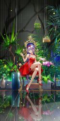 Rule 34 | 1girl, bare legs, bare shoulders, bow, breasts, chair, closed mouth, crossed legs, dress, flower, green eyes, hair between eyes, hair bow, hair ornament, high heels, highres, holding, holding paper, holding pen, jewelry, long hair, luo tianyi, necklace, paper, pen, plant, purple hair, red bow, red dress, red footwear, reflection, sitting, smile, tidsean, vocaloid