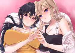 Rule 34 | 2girls, amasora taichi, asymmetrical docking, bare shoulders, black hair, blonde hair, blue eyes, blush, breast press, breasts, breasts apart, cleavage, collarbone, commentary request, eyelashes, fingernails, glasses, hair between eyes, hair ornament, hair scrunchie, hand up, highres, large breasts, long hair, long sleeves, looking at viewer, low-tied long hair, lying, multiple girls, off shoulder, on back, original, parted lips, pillow, red eyes, rimless eyewear, scrunchie, sidelocks, twintails, upper body, white scrunchie