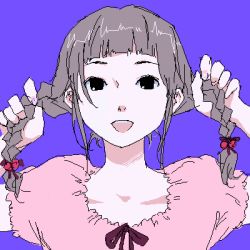 Rule 34 | 1girl, aliasing, black eyes, braid, female focus, flat color, grey hair, holding, holding own hair, kishida mel, looking at viewer, lowres, nose, oekaki, open mouth, portrait, simple background, solo, twin braids, twintails