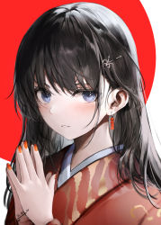 Rule 34 | 1girl, black hair, blue eyes, blush, commentary request, dated, earrings, eyebrows hidden by hair, fingernails, hair ornament, hairclip, haori io, highres, japanese clothes, jewelry, kimono, long fingernails, long hair, looking at viewer, nail polish, orange nails, original, parted lips, red background, red kimono, smile, solo, two-tone background, upper body