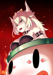 Rule 34 | 1girl, arata, armlet, bare shoulders, black collar, black dress, black nails, blonde hair, blue eyes, blush, bowsette, breasts, collar, commentary, dress, fang, fire, from below, horns, koopa clown car, large breasts, mario (series), nail polish, new super mario bros. u deluxe, nintendo, spiked armlet, spiked collar, spikes, strapless, strapless dress, super crown, super mario world, underlighting