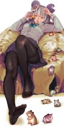 Rule 34 | 1girl, animal ears, ass, bed, black pantyhose, blood, cheese, eating, feet, food, grey hair, highres, iatear, long sleeves, looking at viewer, lying, miniskirt, mouse (animal), mouse ears, no shoes, nosebleed, on back, on bed, original, pantyhose, red eyes, school uniform, short hair, skirt, soles, solo, toes