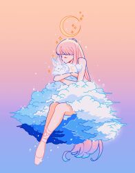 Rule 34 | absurdres, blue background, closed eyes, cloud, crescent moon, gradient background, highres, holding animal, holding rabbit, long hair, meyoco, moon, orange background, original, pink footwear, pink hair, rabbit, shoes, sparkle, very long hair, white rabbit (animal)