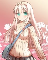 Rule 34 | 10s, 1girl, :3, bag, between breasts, blush, breasts, flower, flower request, gradient background, green eyes, hair ribbon, highres, kantai collection, long hair, looking at viewer, messenger bag, misacho (misa1001), pink background, pink hair, pleated skirt, ribbed sweater, ribbon, shoulder bag, skirt, solo, sweater, turtleneck, yuudachi (kancolle)