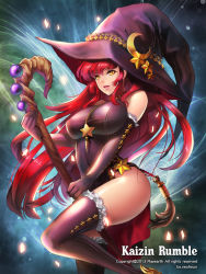 Rule 34 | 1girl, bare shoulders, copyright name, crescent, elbow gloves, gloves, hat, kaizin rumble, leg up, long hair, looking at viewer, original, parted lips, shards, star (symbol), thighhighs, thighs, very long hair, witch, witch hat, yamkom, yellow eyes