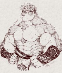 Rule 34 | 1boy, abs, ainu clothes, animal ears, bara, belt, character name, chest hair, chest tuft, cropped legs, fingernails, frown, furry, furry male, greyscale, headband, highres, horkeu kamui, large pectorals, looking at viewer, male focus, mature male, monochrome, muscular, muscular male, navel, nipples, pectorals, pelvic curtain, scar, scar on arm, scar on chest, sharp fingernails, shiriya k, short hair, solo, stomach, tokyo houkago summoners, topless male, vambraces, wolf boy, wolf ears
