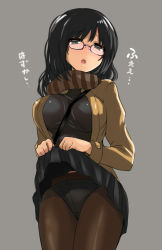 Rule 34 | 1girl, between breasts, black-framed eyewear, black hair, black pantyhose, black shirt, black skirt, blush, breasts, brown eyes, character request, clothes lift, coat, copyright request, cowboy shot, crotch seam, female focus, glasses, grey background, japanese text, large breasts, long sleeves, open clothes, open coat, open mouth, original, panties, panties under pantyhose, pantyhose, pleated skirt, scarf, shinjitsu (true ride), shirt, simple background, skirt, skirt lift, solo, strap between breasts, translated, underwear, white panties