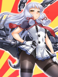Rule 34 | 10s, 1girl, bad id, bad pixiv id, breasts, covered erect nipples, gloves, gradient background, hair ribbon, hand on own hip, highres, kantai collection, long hair, looking at viewer, machinery, maeda r44, murakumo (kancolle), murakumo kai ni (kancolle), necktie, pantyhose, pout, raised eyebrows, ribbon, silver hair, small breasts, solo, striped, striped background, tress ribbon, yellow eyes