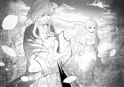 Rule 34 | 2girls, absurdres, aged down, aged up, arms at sides, blurry, braid, capelet, child, choker, coat, day, depth of field, dress, elf, field, flamme (sousou no frieren), flower, flower field, frieren, greyscale, hair over one eye, highres, long hair, long sleeves, looking ahead, magic, monochrome, multiple girls, nature, ninlersh, old, old woman, outdoors, outstretched arm, parted hair, petals, pointy ears, sash, short sleeves, single braid, smile, sousou no frieren, standing