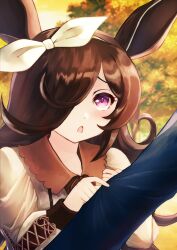 Rule 34 | 1girl, 1other, animal ears, brown hair, clothes grab, commentary request, day, dress, eyebrows hidden by hair, hair over one eye, hair ribbon, hairband, hand up, highres, horse ears, long hair, long sleeves, outdoors, parted lips, puffy long sleeves, puffy sleeves, purple eyes, ribbon, rice shower (umamusume), sleeve grab, solo focus, tree, umamusume, upper body, white dress, white hairband, white ribbon, yukinyan-do