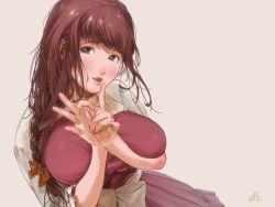 Rule 34 | 1girl, \m/, artist name, bad id, bad pixiv id, blush, bow, braid, breast hold, breast press, breasts, brown eyes, brown hair, commentary request, dress, hair bow, hair ornament, hand gesture, kamiyama aya, large bow, large breasts, lips, long hair, looking at viewer, messy hair, ok sign, orange bow, original, parted lips, red dress, revision, sash, simple background, single braid, solo, upper body, white bow