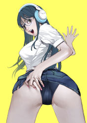 Rule 34 | 1girl, ass, black panties, blue eyes, blue hair, blue shorts, breasts, from behind, hand up, headphones, highres, inamitsu shinji, leaning forward, lips, long hair, looking at viewer, looking back, medium breasts, nail polish, open mouth, original, paid reward available, panties, pink nails, paid reward available, shirt, shorts, shorts lift, simple background, solo, standing, tareme, teeth, underwear, white shirt, yellow background