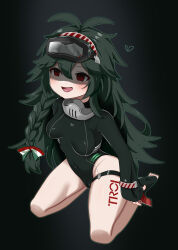 Rule 34 | 1girl, absurdres, antenna hair, artist request, azur lane, bare legs, black one-piece swimsuit, blush, bodysuit, braid, breasts, cameltoe, covered navel, curvy, dark green hair, diving mask, diving mask on head, diving suit, full body, goggles, goggles on head, heart, highleg, highleg swimsuit, highres, kneeling, legs apart, long hair, looking at viewer, medium breasts, one-piece swimsuit, red eyes, ringed eyes, shiny skin, simple background, single braid, smile, solo, swimsuit, thighs, torricelli (azur lane), very long hair, wetsuit, wide hips