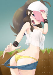 Rule 34 | 1girl, adjusting clothes, adjusting headwear, ass, bare shoulders, baseball cap, blue eyes, blurry, blurry background, blush, breasts, brown hair, clothes pull, cowboy shot, creatures (company), embarrassed, fence, from behind, game freak, hat, highres, hilda (pokemon), large breasts, long hair, looking back, microsd (pibo), nintendo, open mouth, outdoors, panties, pokemon, pokemon bw, ponytail, shorts, shorts pull, sidelocks, sleeveless, solo, standing, tank top, teeth, tongue, underwear, upper teeth only, white tank top, wristband, yellow panties