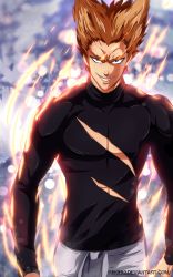 Rule 34 | 1boy, blue eyes, colorized, garou (one-punch man), highres, looking at viewer, male focus, muscular, one-punch man, smile, solo, standing, torn clothes