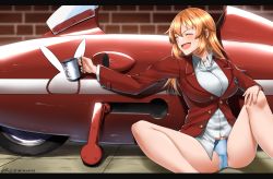 Rule 34 | 1girl, artist name, blush, breasts, cameltoe, charlotte e. yeager, closed eyes, cup, highres, hiroshi (hunter-of-kct), indoors, jacket, large breasts, long hair, on floor, open mouth, orange hair, panties, red jacket, shirt, sitting, smile, solo, spread legs, strike witches, underwear, white panties, white shirt, world witches series