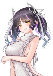 Rule 34 | 1girl, aran sweater, arm under breasts, backless dress, backless outfit, black hair, blunt bangs, blush, breasts, cable knit, closed mouth, commentary request, demon girl, demon horns, dress, grey background, highres, horns, kojo anna, kojo anna (3rd costume), long hair, looking at viewer, medium breasts, meme attire, multicolored hair, nanashi inc., official alternate costume, pointy ears, purple hair, ribbed sweater, robou no stone, sideboob, simple background, smile, solo, sugar lyric, sweater, sweater dress, turtleneck, turtleneck sweater, two-tone hair, upper body, virgin killer sweater, virtual youtuber, yellow eyes