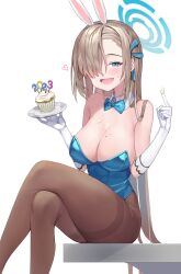 Rule 34 | 1girl, 2023, absurdres, animal ears, aqua leotard, asuna (blue archive), asuna (bunny) (blue archive), between breasts, blue archive, blue bow, blue bowtie, blue eyes, blue leotard, bow, bowtie, braid, braided bun, breasts, brown pantyhose, carrot, cupcake, desk, detached collar, elbow gloves, fake animal ears, fake tail, food, gloves, hair bun, hair over one eye, hair ribbon, highleg, highleg leotard, highres, large breasts, leotard, light brown hair, looking at viewer, mole, mole on breast, official alternate costume, open mouth, pantyhose, playboy bunny, posom, rabbit ears, rabbit tail, ribbon, sitting, solo, strapless, strapless leotard, tail, thighband pantyhose, traditional bowtie, white background