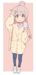 Rule 34 | 1girl, :o, ahoge, blue pants, brown eyes, cellphone, coat, collared shirt, commentary request, full body, genderswap, genderswap (mtf), grey hair, hand in own hair, holding, holding phone, kayabakoro, loafers, long hair, long sleeves, looking at viewer, no socks, onii-chan wa oshimai!, open mouth, outside border, oyama mahiro, pants, phone, pink background, pink shirt, shirt, shoes, smartphone, solo, standing, white coat, white footwear