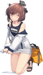 Rule 34 | 1girl, bag, brown eyes, brown hair, full body, headgear, hood, hoodie, kantai collection, kneeling, long sleeves, official art, one eye closed, open mouth, sandals, school swimsuit, shizuma yoshinori, short hair, smile, solo, speaking tube headset, squeezing, swimsuit, swimsuit under clothes, torpedo, transparent background, white hoodie, yukikaze (kancolle)