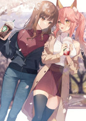 Rule 34 | 2girls, :3, alternate costume, animal ear fluff, animal ears, bare shoulders, black jacket, black legwear, blouse, blush, brown eyes, brown hair, brown jacket, casual, commentary request, commission, cup, denim, drinking straw, face-to-face, fate/extra, fate (series), fox ears, hair between eyes, highres, holding, holding another&#039;s arm, holding cup, jacket, jeans, jewelry, kishinami hakuno (female), long hair, long sleeves, looking at another, multiple girls, necklace, off shoulder, open clothes, open jacket, open mouth, pants, pink hair, red skirt, risutora desu, shirt, signature, skeb commission, skirt, sleeveless, sleeveless shirt, smile, starbucks, tamamo (fate), tamamo no mae (fate/extra), thighhighs, turtleneck, twintails, twitter username, white shirt, yellow eyes, yuri