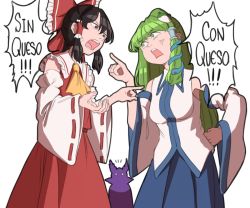 Rule 34 | 3girls, anger vein, angry, ascot, bow, breasts, brown eyes, brown hair, commentary request, cowboy shot, detached sleeves, frills, frog hair ornament, green eyes, green hair, hair between eyes, hair bow, hair ornament, hair tubes, hakurei reimu, hand on own hip, kochiya sanae, long hair, mefomefo, multiple girls, nontraditional miko, o o, open mouth, pointing, pointy hair, short hair, silhouette, simple background, skirt, skirt set, snake hair ornament, spanish commentary, spanish text, text focus, touhou, toyosatomimi no miko, translated, white background, wide sleeves