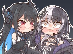 Rule 34 | 2girls, :&gt;, asymmetrical horns, black choker, black hair, blue hair, blush stickers, breasts, chest belt, choker, closed mouth, clothing cutout, collared shirt, colored inner hair, dress shirt, fang, grey hair, hair ornament, highres, hololive, hololive english, horns, kukie-nyan, lace-trimmed choker, lace trim, long hair, multicolored hair, multiple girls, nerissa ravencroft, nerissa ravencroft (1st costume), open mouth, red eyes, ribbed shirt, shiori novella, shiori novella (1st costume), shirt, shoulder cutout, skin fang, split-color hair, uneven horns, virtual youtuber, white shirt, yellow eyes, yuri