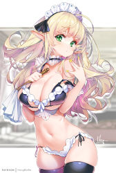 Rule 34 | 1girl, asymmetrical legwear, bikini, black bikini, black thighhighs, blonde hair, blush, breasts, cleavage, commentary request, cowboy shot, duster, elf, green eyes, hands up, holding, hong (white spider), large breasts, long hair, looking at viewer, maid headdress, mismatched legwear, nail polish, navel, original, pointy ears, purple thighhighs, side-tie bikini bottom, signature, solo, standing, stomach, string bikini, swimsuit, thighhighs, white bikini, yellow nails
