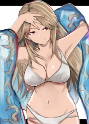 Rule 34 | 10s, 1girl, arm behind head, bikini, border, breasts, cleavage, collarbone, diamond (shape), earrings, female focus, granblue fantasy, groin, hand on own forehead, hand on own head, jewelry, katalina (granblue fantasy), large breasts, light brown hair, long hair, looking away, looking to the side, navel, nerotarou, outline, pink eyes, simple background, smile, solo, swimsuit, white bikini