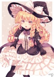 Rule 34 | 1girl, adapted costume, black hat, blonde hair, bow, braid, breasts, commentary request, dress, frilled dress, frills, hair bow, hat, hat bow, highres, juliet sleeves, kemo chiharu, kirisame marisa, large breasts, long hair, long sleeves, looking at viewer, open mouth, puffy sleeves, side braid, signature, single braid, solo, star-shaped pupils, star (symbol), symbol-shaped pupils, touhou, white bow, white dress, witch hat, yellow eyes