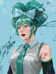 Rule 34 | 1girl, arm tattoo, bare shoulders, blue bow, bow, breasts, cinnamiku, commentary, detached sleeves, green eyes, green hair, green necktie, hair bow, hair ornament, hairclip, hatsune miku, highres, long sleeves, lower teeth only, medium breasts, necktie, nostrils, open mouth, sanrio, sleeveless, solo, tattoo, teeth, upper body, upper teeth only, vijoux, vocaloid, water drop