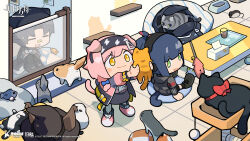 Rule 34 | 1boy, 1other, 3girls, ambiguous gender, animal ears, arknights, cat, cat ears, cat girl, cat tail, chibi, christine (arknights), closed mouth, cushion, doctor (arknights), goldenglow (arknights), haze (arknights), highres, jessica (arknights), multiple girls, official art, table, tail, tail raised, windflit (arknights)