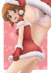 1girl absurdres animal_print ass back-print_panties bear_panties bear_print blush breasts brown_eyes brown_hair cameltoe christmas girls_und_panzer hat highres looking_at_viewer nao_suke nishizumi_miho open_mouth panties pink_panties print_panties santa_costume santa_hat short_hair small_breasts solo underwear