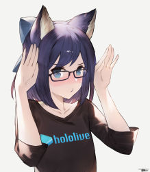 Rule 34 | 1girl, :o, a-chan (hololive), absurdres, animal ears, black-framed eyewear, black shirt, blue bow, blue hair, blush, bow, cat ears, closed mouth, collarbone, copyright name, flat chest, glasses, grey background, hair bow, heart, highres, hololive, jun wei, kemonomimi mode, logo, looking at viewer, nose blush, print shirt, rabbit pose, shirt, signature, simple background, solo, t-shirt, upper body, virtual youtuber