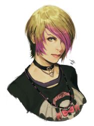 Rule 34 | 1girl, ashley graham, black choker, black shirt, blonde hair, breasts, choker, closed mouth, commentary, english commentary, ericson blum, green eyes, highres, jewelry, looking at viewer, medium breasts, multicolored hair, necklace, resident evil, resident evil 4, resident evil 4 (remake), shirt, short hair, signature, simple background, solo, streaked hair, upper body