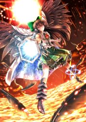 Rule 34 | 1girl, aiming, aiming at viewer, arm cannon, asymmetrical footwear, bad id, bad pixiv id, black hair, black wings, bow, brown hair, ddfftasogare, energy ball, feathered wings, feathers, frilled skirt, frills, green skirt, hair bow, highres, long hair, mismatched footwear, lava, plaid, plaid bow, powering up, radiation symbol, red eyes, reiuji utsuho, serious, shirt, short sleeves, skirt, solo, symbol-shaped pupils, tasogare (ddfftasogare), third eye, touhou, very long hair, weapon, white shirt, wings