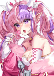 Rule 34 | 1girl, ahoge, blush, breasts, candy, choker, cleavage, demon girl, demon wings, elbow gloves, fang, fingerless gloves, food, fur-trimmed jacket, fur trim, gloves, hair ornament, head wings, heart, heart ahoge, heart hair ornament, highres, ironmouse, ironmouse (race queen), jacket, large breasts, leotard, lollipop, long hair, looking at viewer, multicolored hair, myusagii, nail polish, open mouth, pink choker, pink hair, pink jacket, pink nails, pointy ears, purple eyes, purple hair, race queen, skin fang, solo, streaked hair, twintails, virtual youtuber, vshojo, white gloves, white leotard, wings